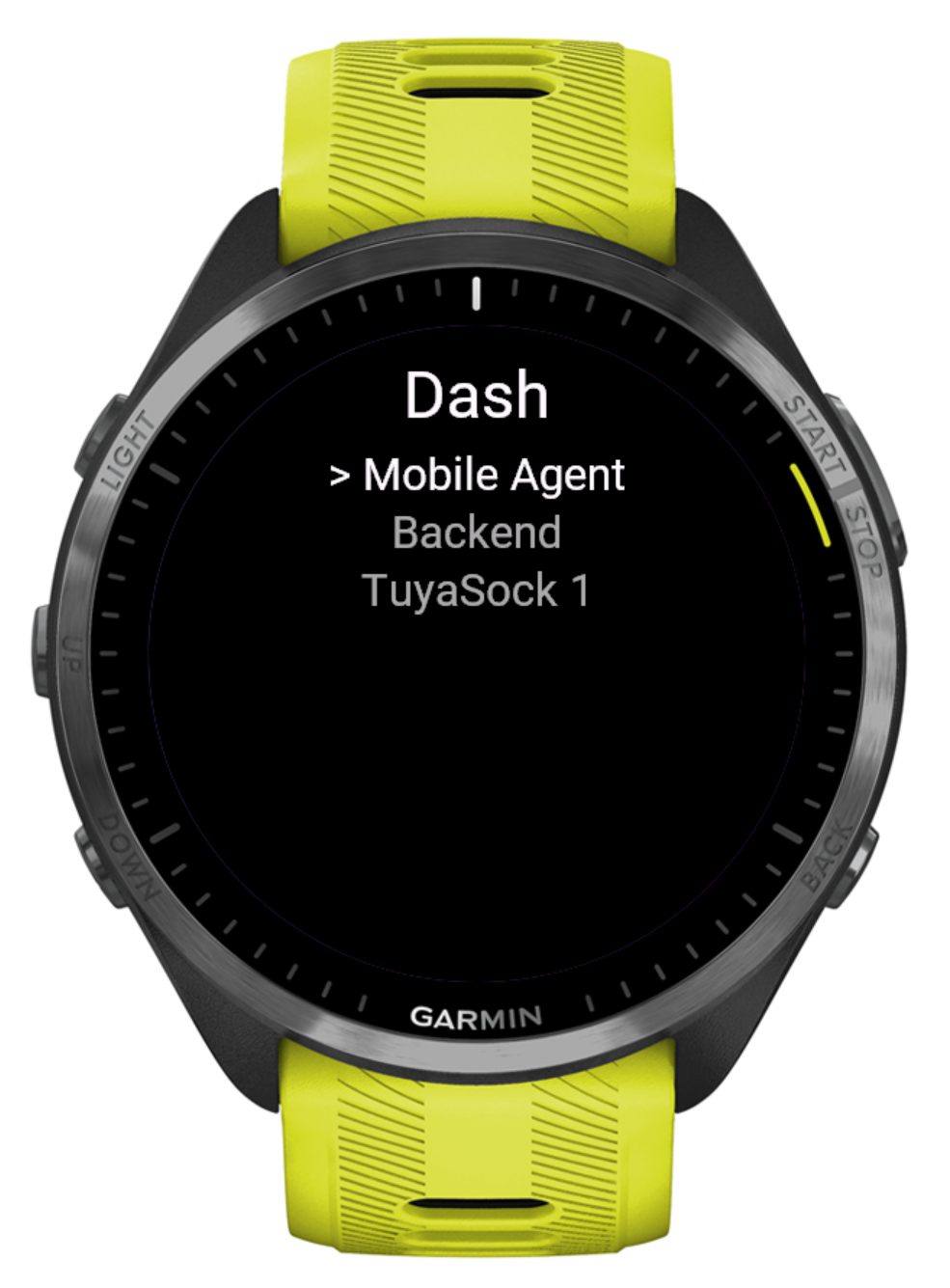 GRemoteX dashboard with Mobile Agent and backend modules on a Garmin watch
