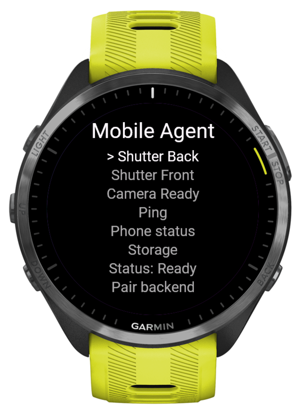 GRemoteX Mobile Agent camera shutter menu on a Garmin watch